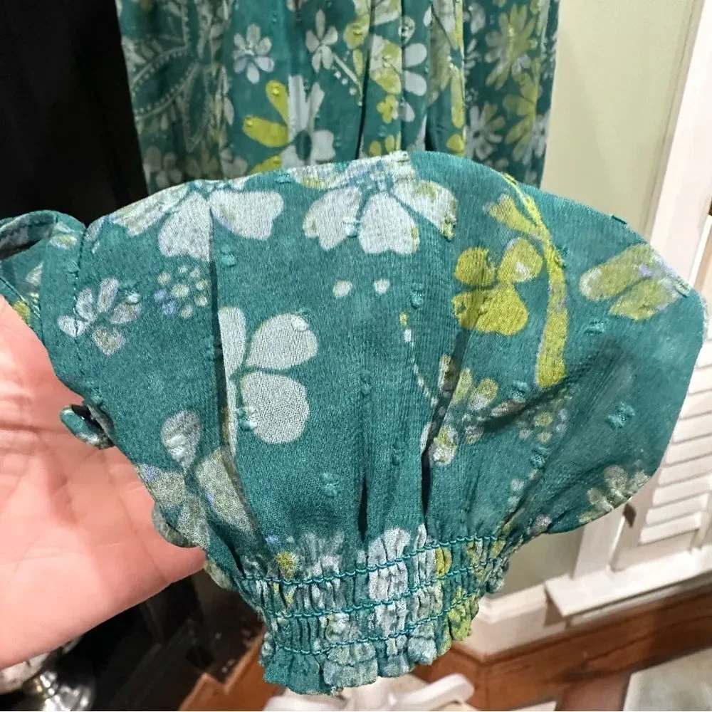 Free People Green Floral Peasant Blouse Balloon Sleeve Boho Top – Size XS